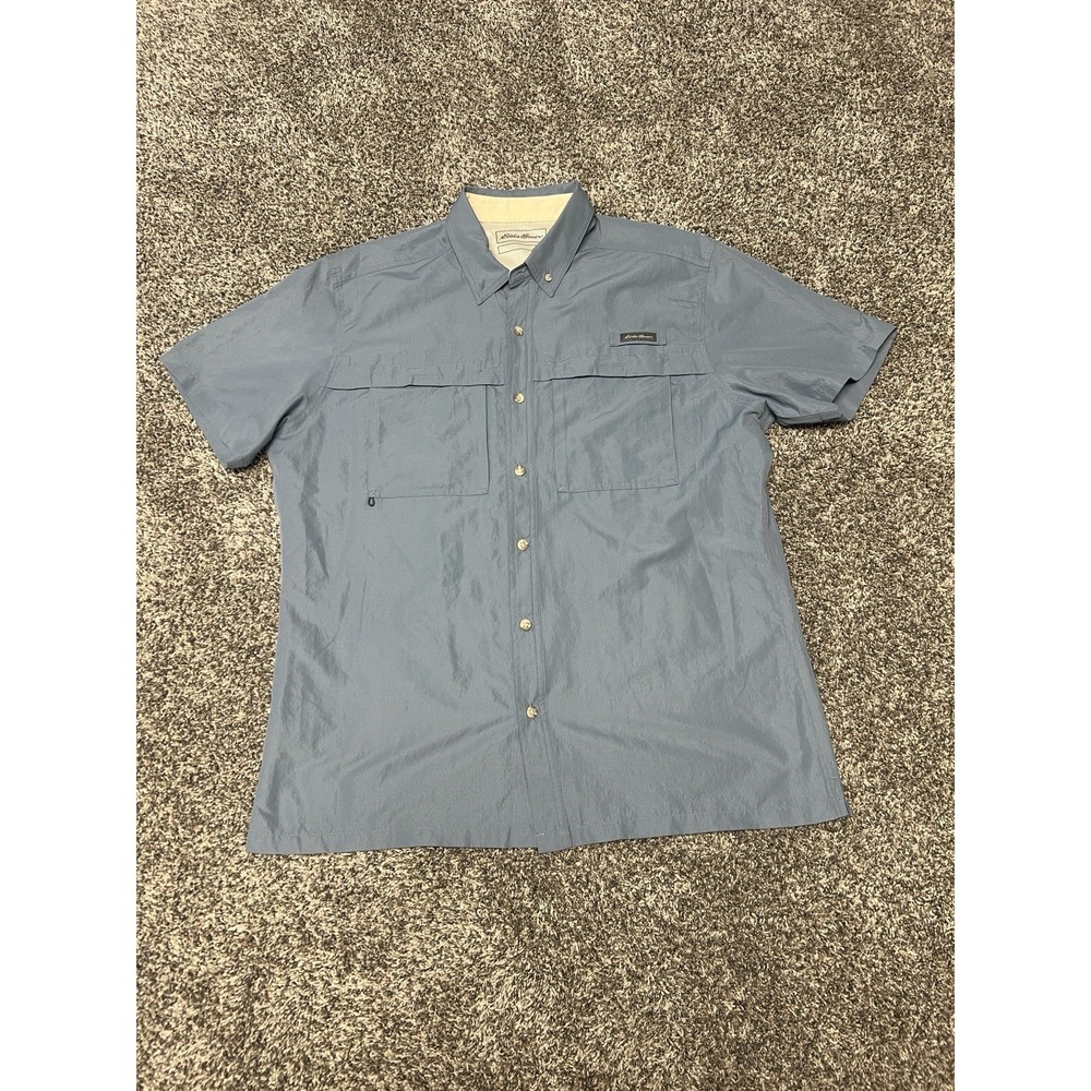 Eddie Bauer Fishing Mens L Blue Chambray Short Sleeve Vented Lightweight Outdoor